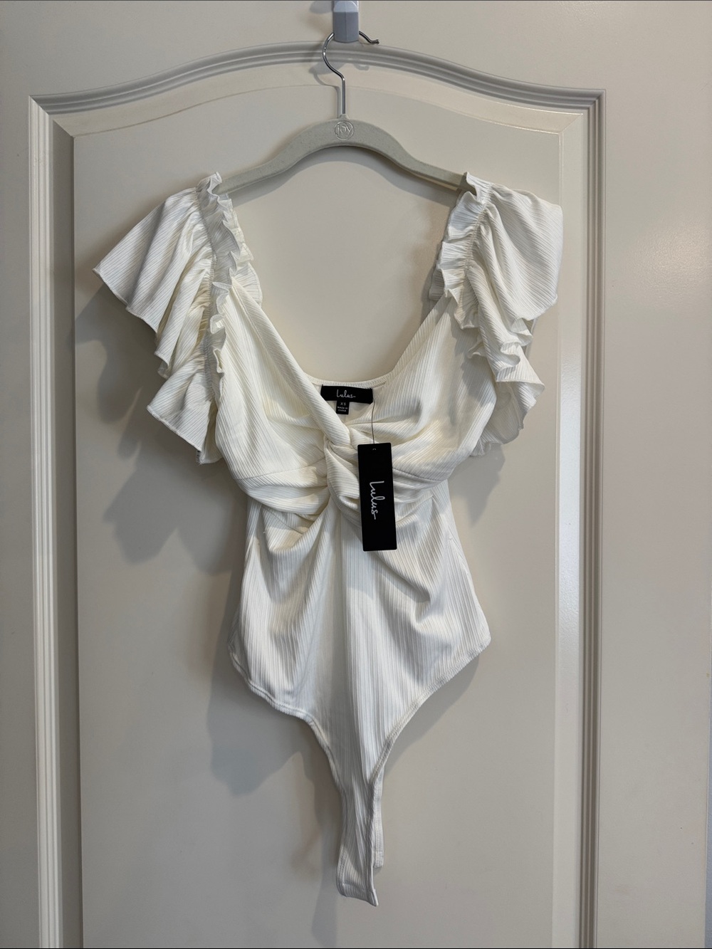 Lulu's Cream Twist-Front Ribbed Bodysuit